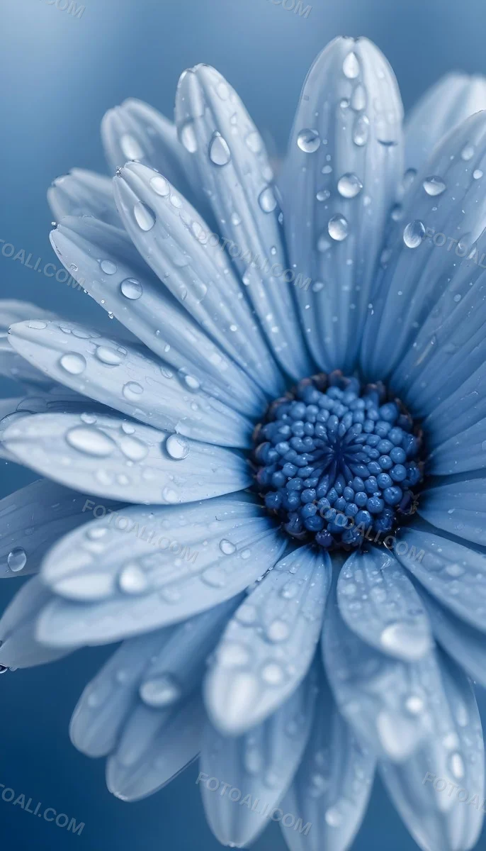 A Close Up Of A Blue Daisy Flower With Water Droplets On The Petals Against A Blurred Blue Background 13 B019