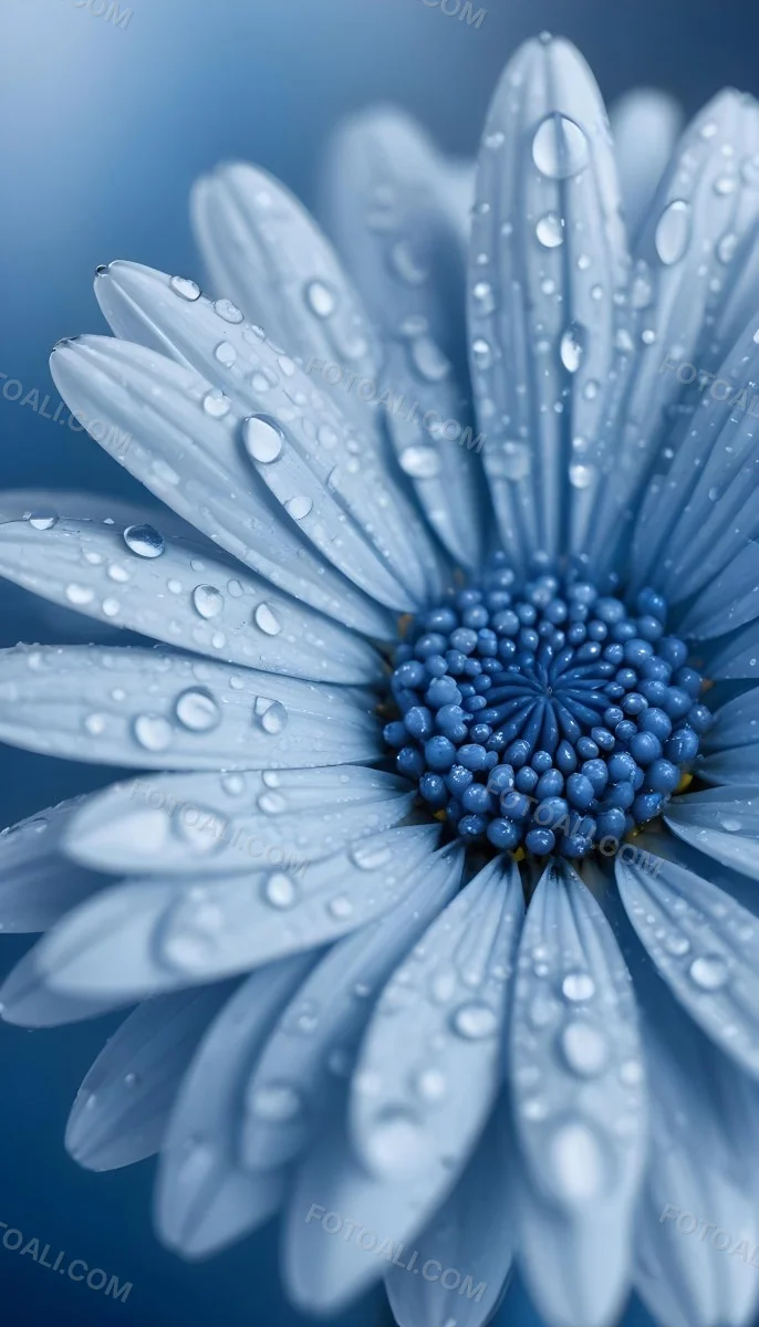 A Close Up Of A Blue Daisy Flower With Water Droplets On The Petals Against A Blurred Blue Background 14 Dc03