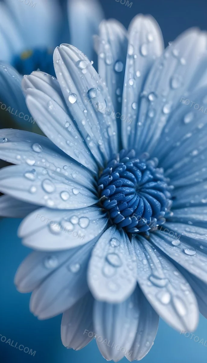 A Close Up Of A Blue Daisy Flower With Water Droplets On The Petals Against A Blurred Blue Background 3 2cc5
