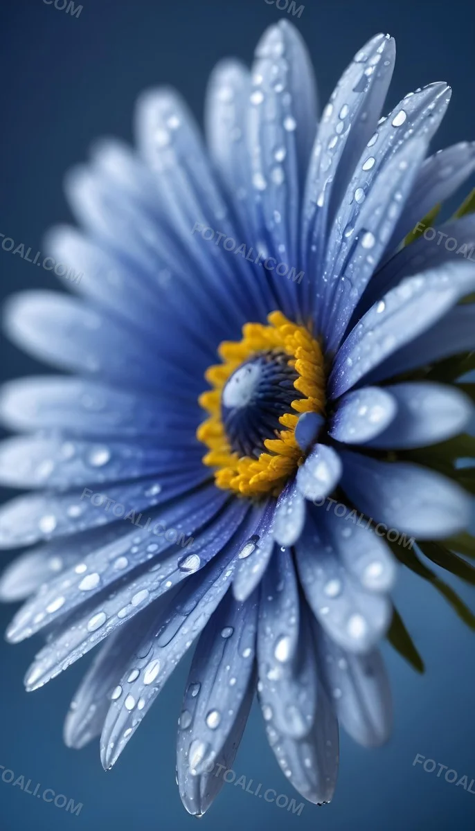 A Close Up Of A Blue Daisy Flower With Water Droplets On The Petals Against A Blurred Blue Background 4 530f