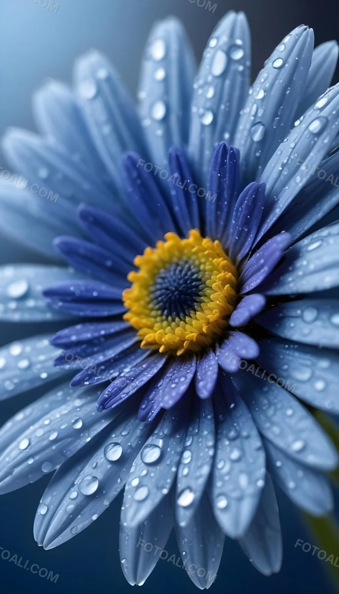 A Close Up Of A Blue Daisy Flower With Water Droplets On The Petals Against A Blurred Blue Background 5 4b05