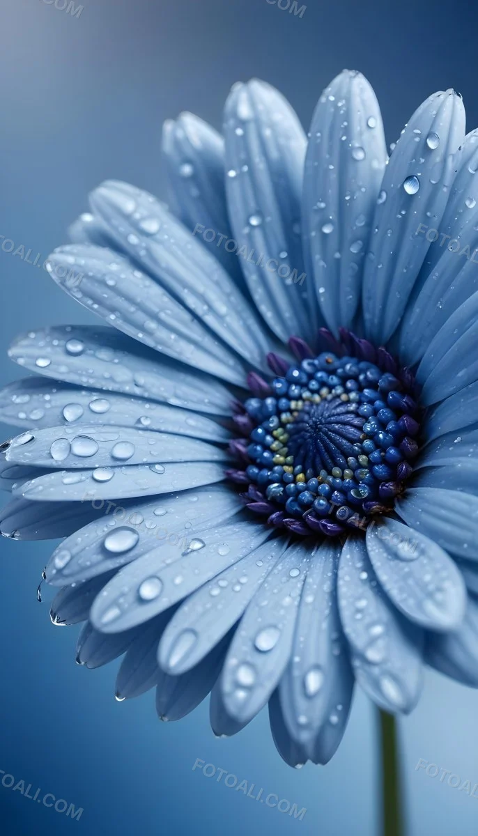 A Close Up Of A Blue Daisy Flower With Water Droplets On The Petals Against A Blurred Blue Background 7 3598