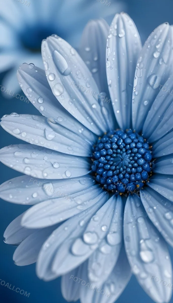 A Close Up Of A Blue Daisy Flower With Water Droplets On The Petals Against A Blurred Blue Background 9 C8ab