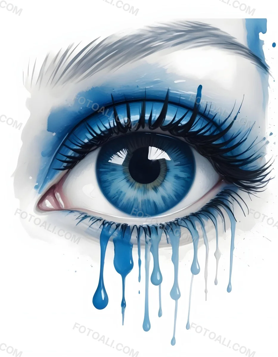 A Close Up Of A Blue Eye With Blue Eyeshadow And Long Lashes With Blue Watercolor Drips Running Down The Face On A White Background 22 2eef