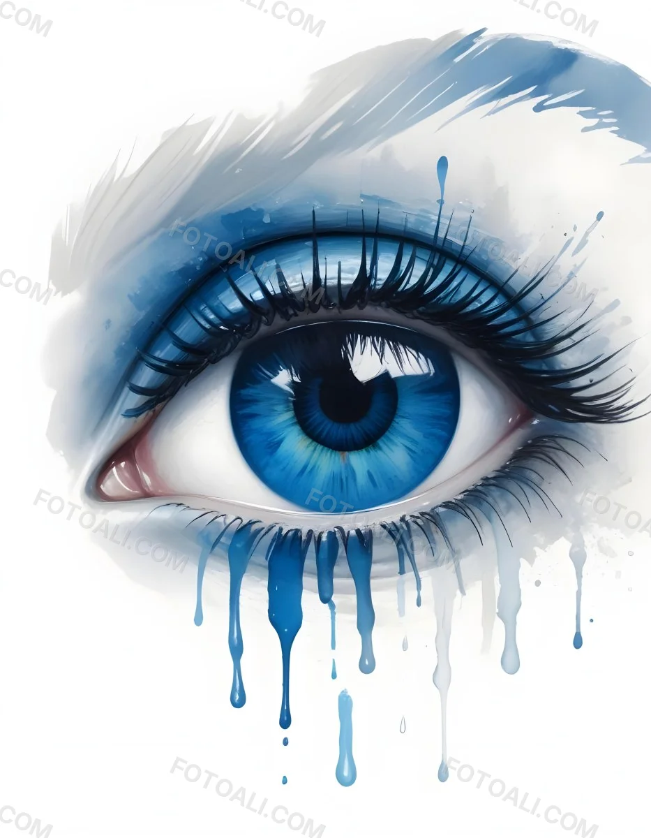 A Close Up Of A Blue Eye With Blue Eyeshadow And Long Lashes With Blue Watercolor Drips Running Down The Face On A White Background 26 B72c