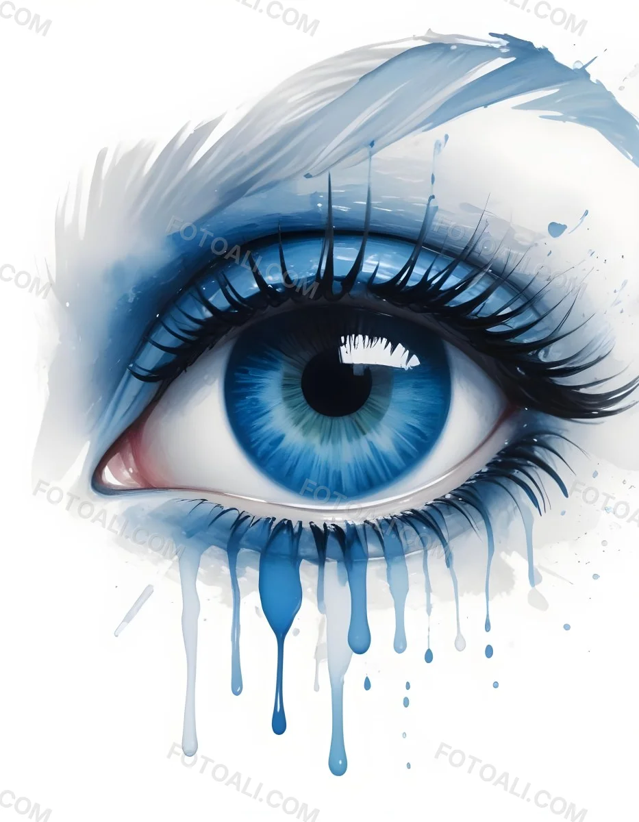 A Close Up Of A Blue Eye With Blue Eyeshadow And Long Lashes With Blue Watercolor Drips Running Down The Face On A White Background 27 Bcf7