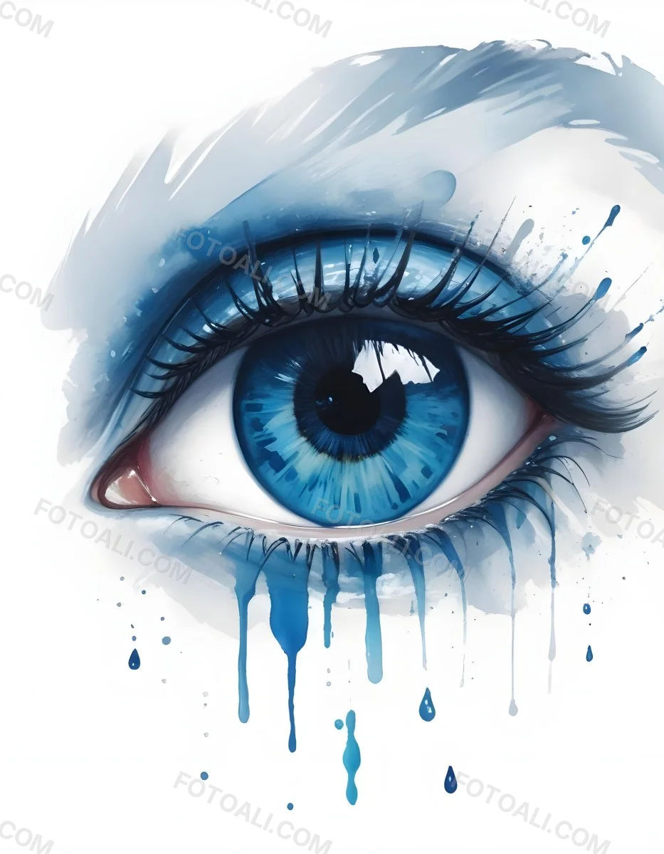 A Close Up Of A Blue Eye With Blue Eyeshadow And Long Lashes With Blue Watercolor Drips Running Down The Face On A White Background 29 2aca
