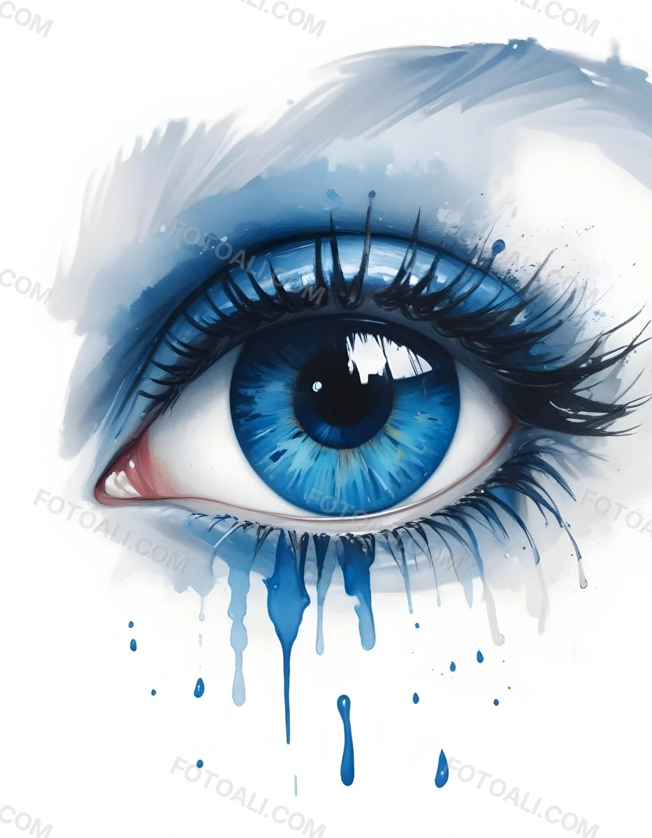 A Close Up Of A Blue Eye With Blue Eyeshadow And Long Lashes With Blue Watercolor Drips Running Down The Face On A White Background 4 C7b9