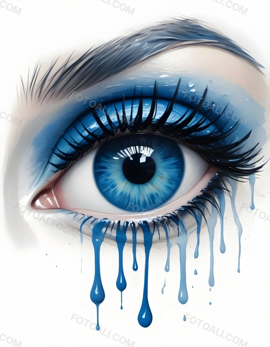 A Close Up Of A Blue Eye With Blue Eyeshadow And Long Lashes With Blue Watercolor Drips Running Down The Face On A White Background 5 1029