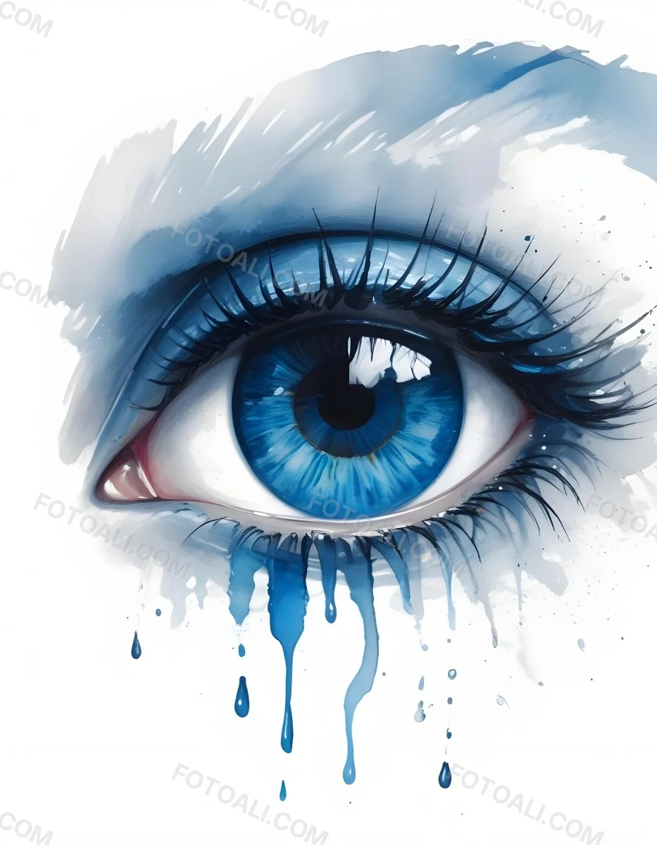 A Close Up Of A Blue Eye With Blue Eyeshadow And Long Lashes With Blue Watercolor Drips Running Down The Face On A White Background 6 F23a
