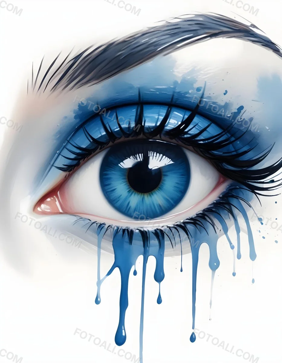 A Close Up Of A Blue Eye With Blue Eyeshadow And Long Lashes With Blue Watercolor Drips Running Down The Face On A White Background 7 Fd21