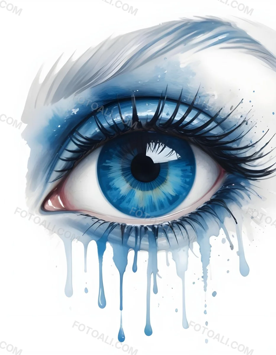 A Close Up Of A Blue Eye With Blue Eyeshadow And Long Lashes With Blue Watercolor Drips Running Down The Face On A White Background 8 9f72
