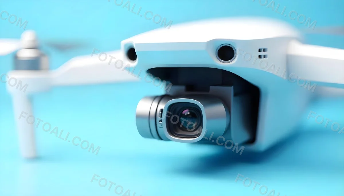 A Close Up Of A Drone Camera With A Lens And Blue Body Mounted On A White Drone With A Light Blue Background 1 30b5