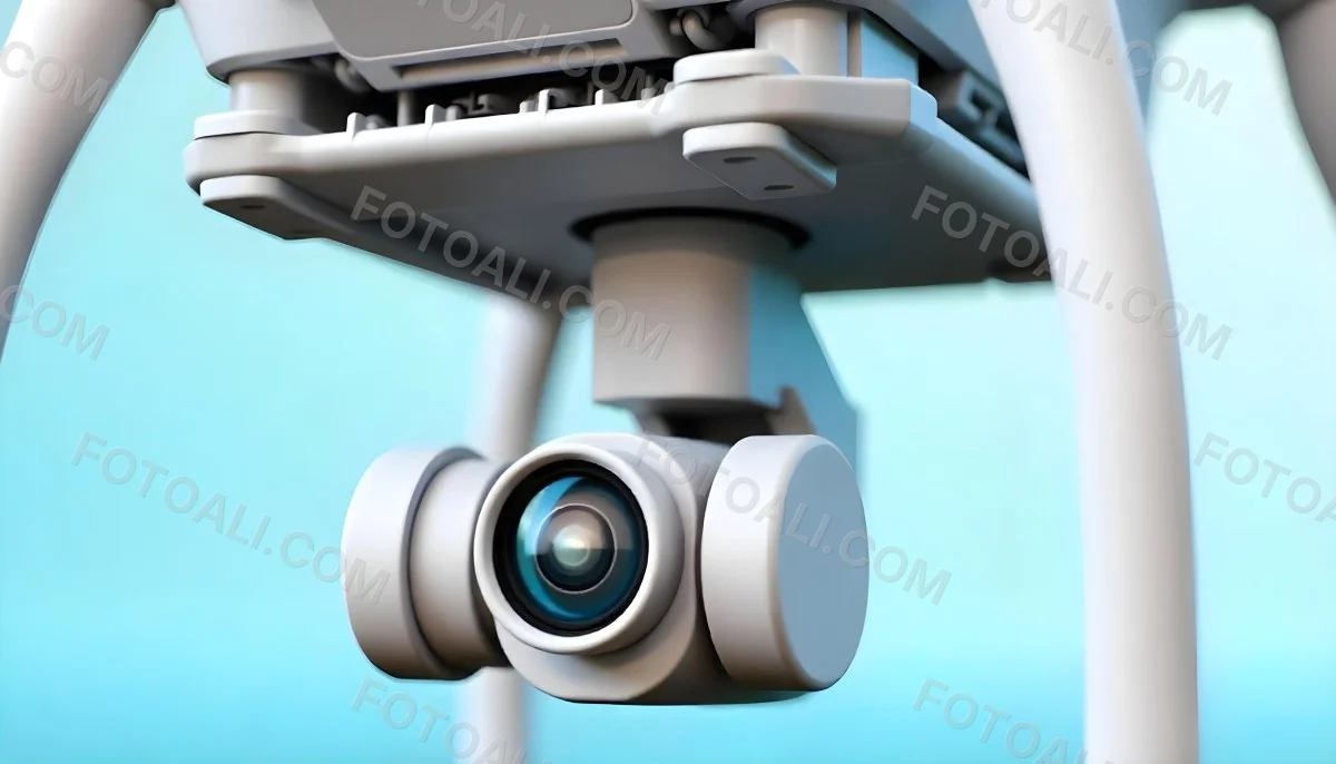 A Close Up Of A Drone Camera With A Lens And Blue Body Mounted On A White Drone With A Light Blue Background 10 E78f