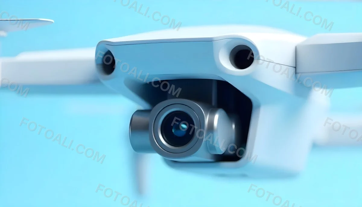 A Close Up Of A Drone Camera With A Lens And Blue Body Mounted On A White Drone With A Light Blue Background 11 1b08