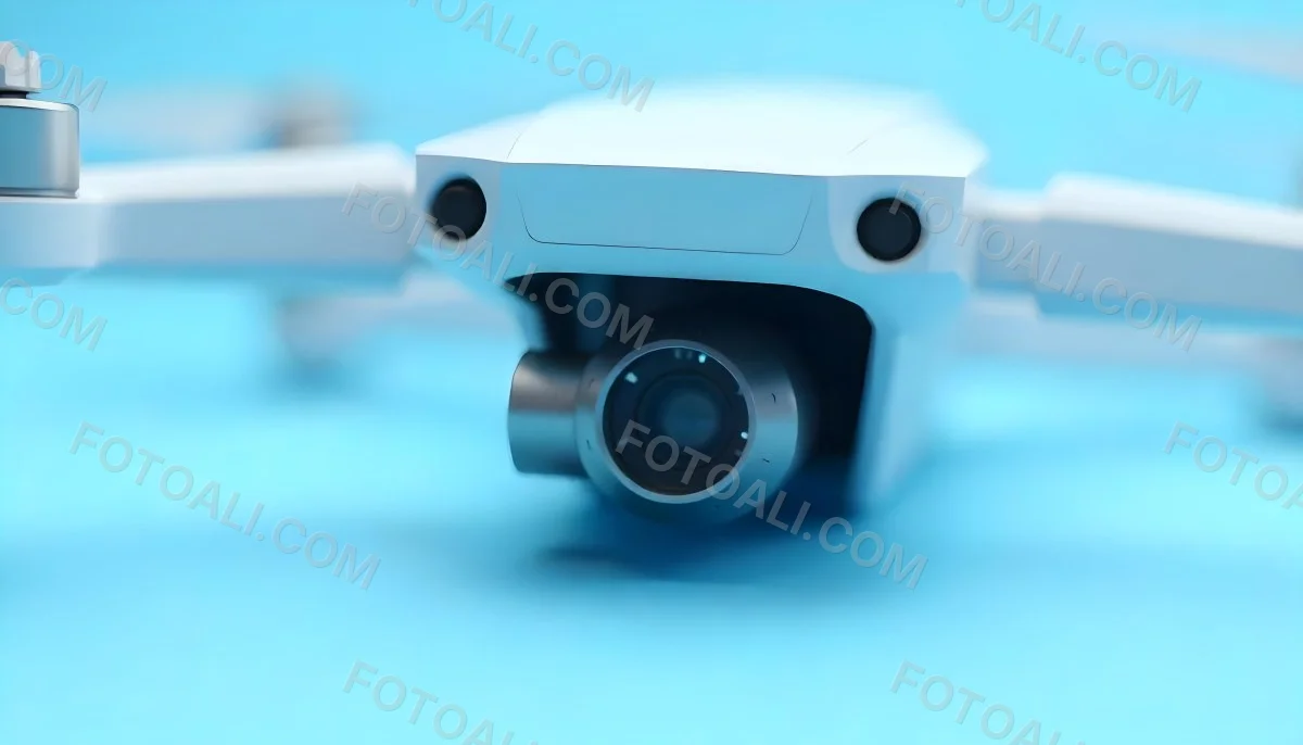A Close Up Of A Drone Camera With A Lens And Blue Body Mounted On A White Drone With A Light Blue Background 15 B791