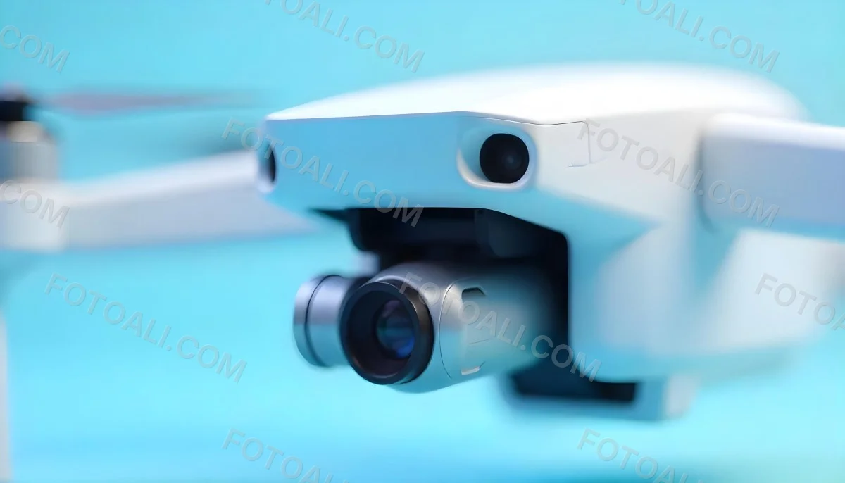 A Close Up Of A Drone Camera With A Lens And Blue Body Mounted On A White Drone With A Light Blue Background 19 31ba