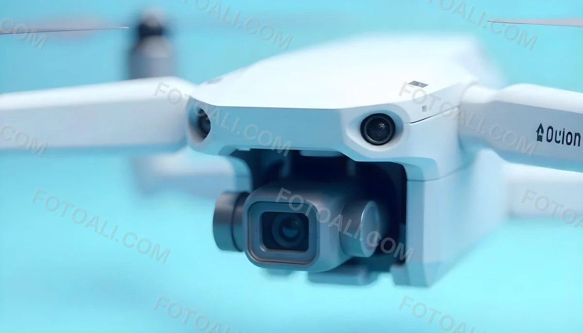 A Close Up Of A Drone Camera With A Lens And Blue Body Mounted On A White Drone With A Light Blue Background 20 5788