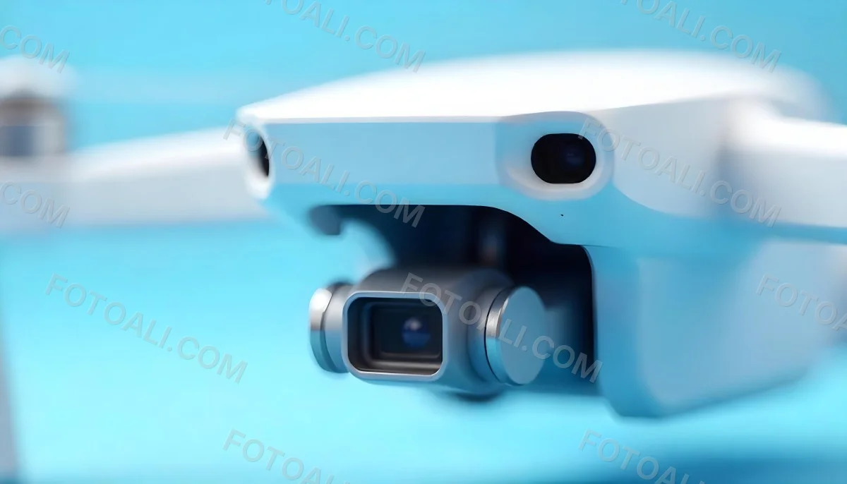 A Close Up Of A Drone Camera With A Lens And Blue Body Mounted On A White Drone With A Light Blue Background 24 C933