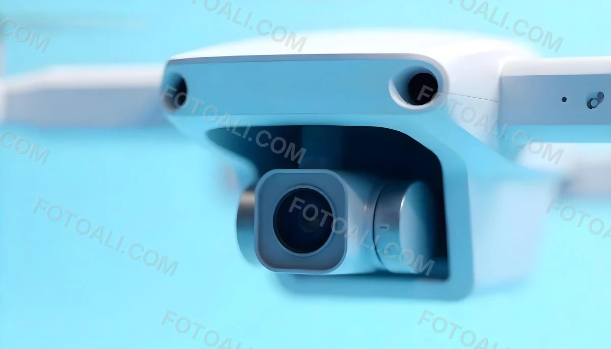 A Close Up Of A Drone Camera With A Lens And Blue Body Mounted On A White Drone With A Light Blue Background 25 E407