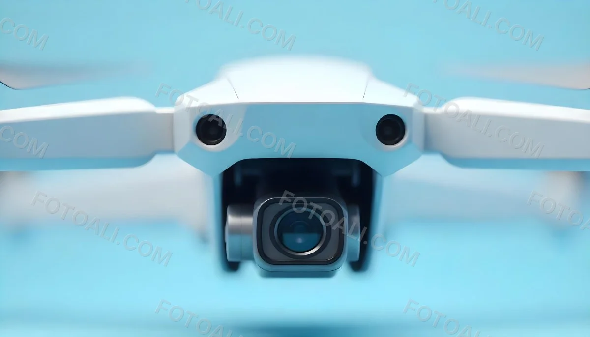A Close Up Of A Drone Camera With A Lens And Blue Body Mounted On A White Drone With A Light Blue Background 3 25a0
