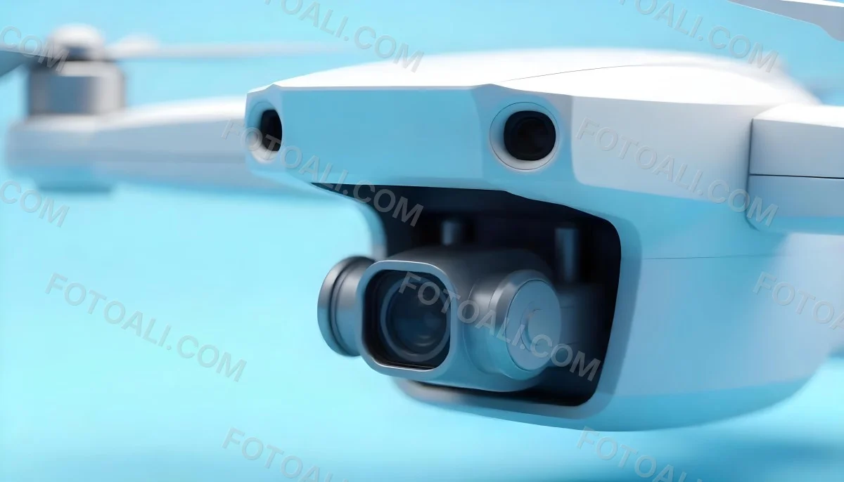 A Close Up Of A Drone Camera With A Lens And Blue Body Mounted On A White Drone With A Light Blue Background 4 B181