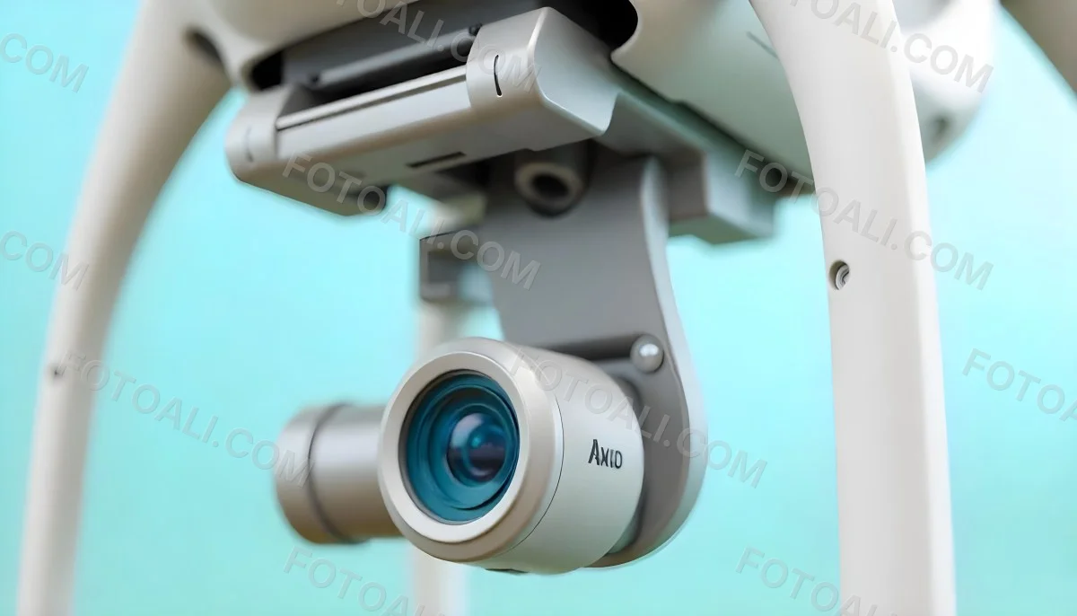 A Close Up Of A Drone Camera With A Lens And Blue Body Mounted On A White Drone With A Light Blue Background 5 8e3f