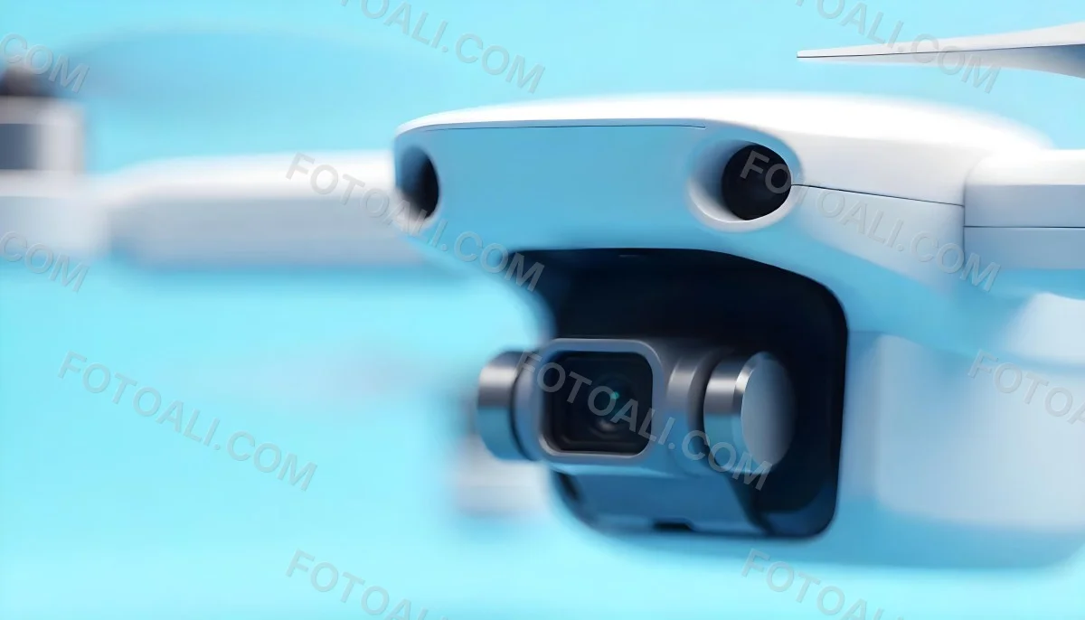 A Close Up Of A Drone Camera With A Lens And Blue Body Mounted On A White Drone With A Light Blue Background 7 5090