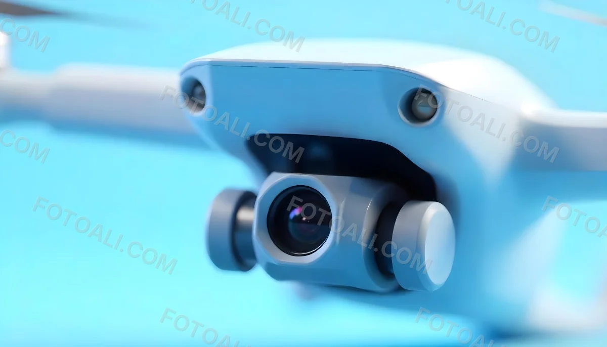 A Close Up Of A Drone Camera With A Lens And Blue Body Mounted On A White Drone With A Light Blue Background 8 Ef41