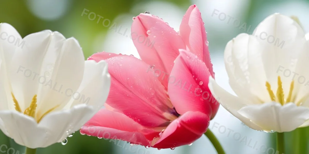A Close Up Of A Pink Tulip Flower With Water Droplets On The Petals Against A Blurred Green Background 1 0f53