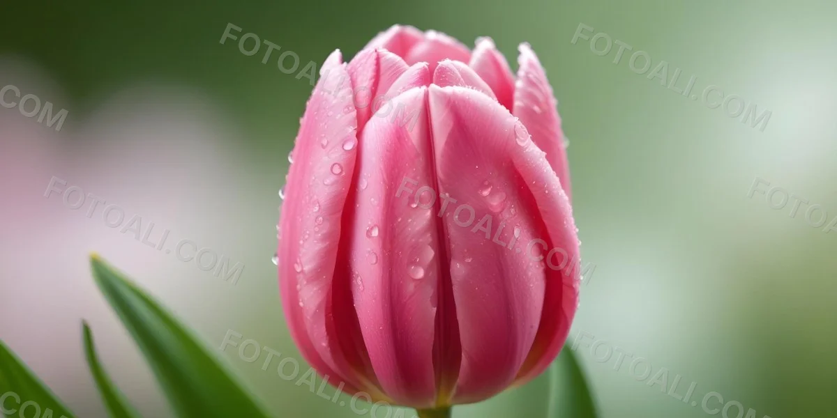 A Close Up Of A Pink Tulip Flower With Water Droplets On The Petals Against A Blurred Green Background 14 E491