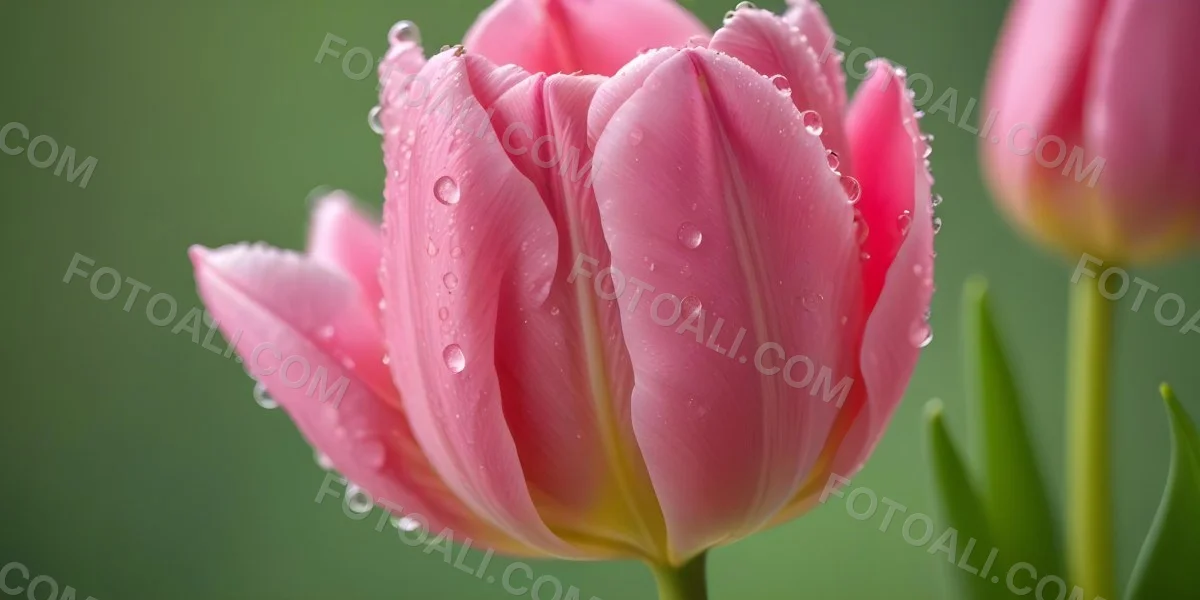 A Close Up Of A Pink Tulip Flower With Water Droplets On The Petals Against A Blurred Green Background 15 Bed2