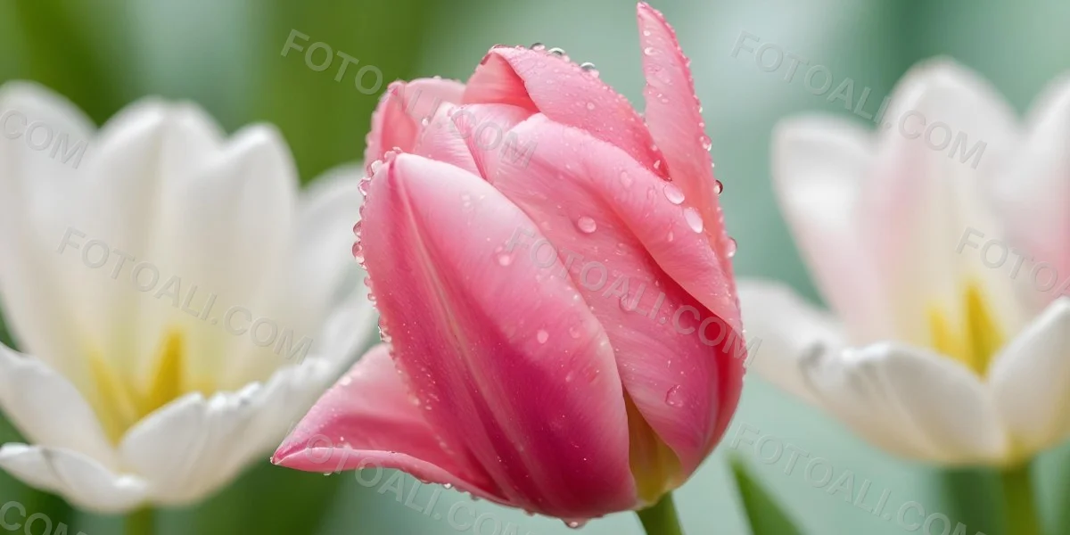 A Close Up Of A Pink Tulip Flower With Water Droplets On The Petals Against A Blurred Green Background 21 7bbd