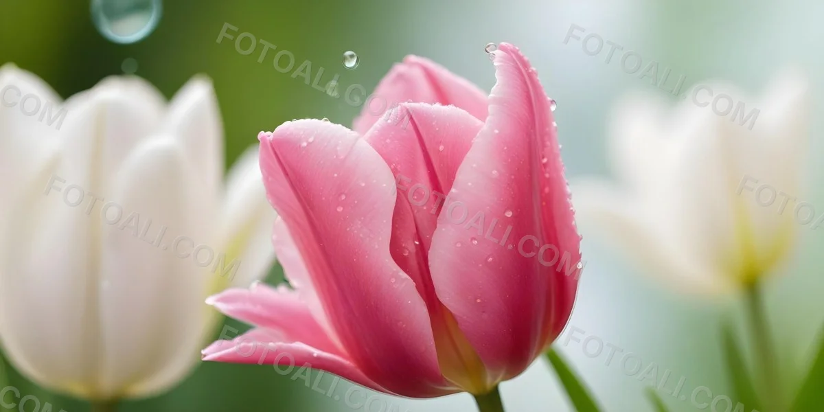 A Close Up Of A Pink Tulip Flower With Water Droplets On The Petals Against A Blurred Green Background 4 2edf