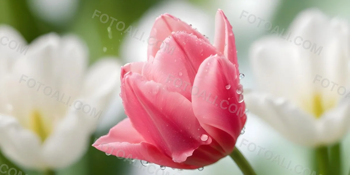 A Close Up Of A Pink Tulip Flower With Water Droplets On The Petals Against A Blurred Green Background 6 E167