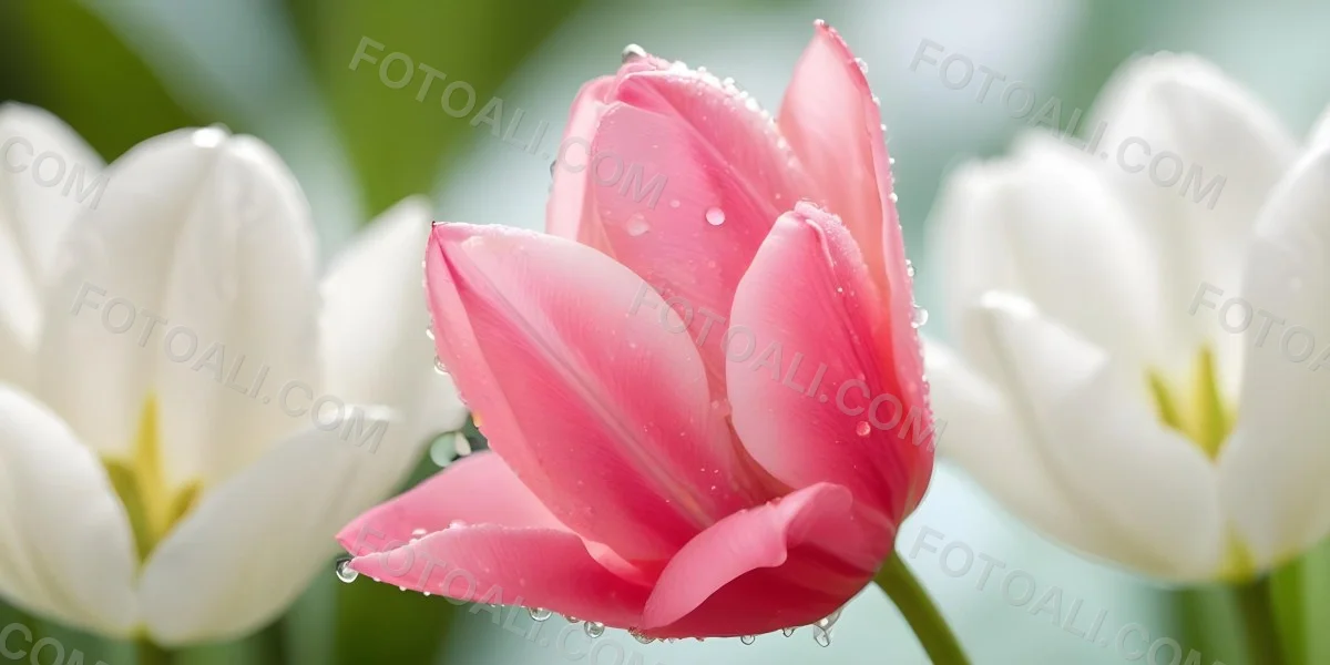 A Close Up Of A Pink Tulip Flower With Water Droplets On The Petals Against A Blurred Green Background 8 32b0