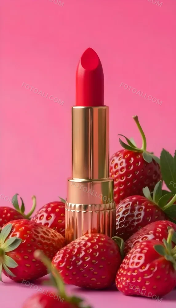 A Close Up Of A Red Lipstick With Fresh Strawberries In The Background On A Pink Background 1 54a0