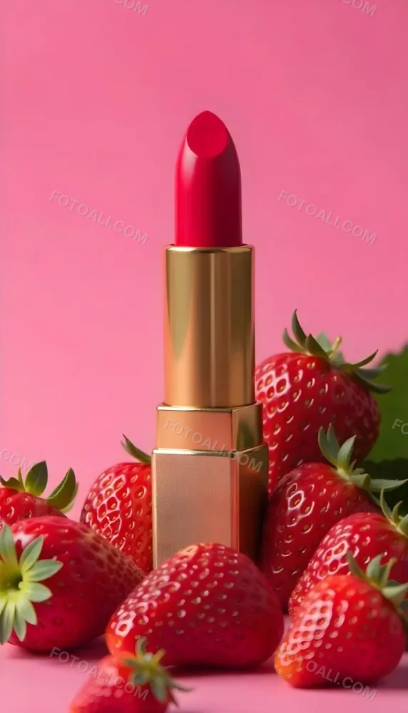 A Close Up Of A Red Lipstick With Fresh Strawberries In The Background On A Pink Background 18 9b33