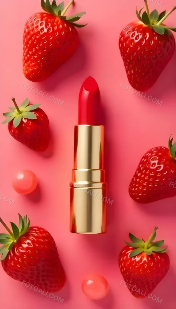 A Close Up Of A Red Lipstick With Fresh Strawberries In The Background On A Pink Background 2 9490