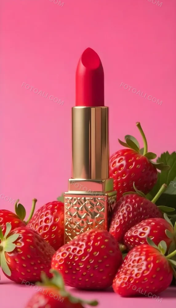 A Close Up Of A Red Lipstick With Fresh Strawberries In The Background On A Pink Background 21 0bd8