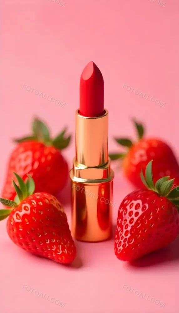 A Close Up Of A Red Lipstick With Fresh Strawberries In The Background On A Pink Background 3 Ce06