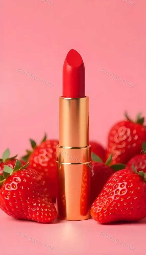 A Close Up Of A Red Lipstick With Fresh Strawberries In The Background On A Pink Background 4 Bc26