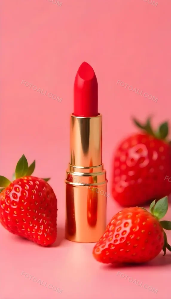 A Close Up Of A Red Lipstick With Fresh Strawberries In The Background On A Pink Background 5 A6d0