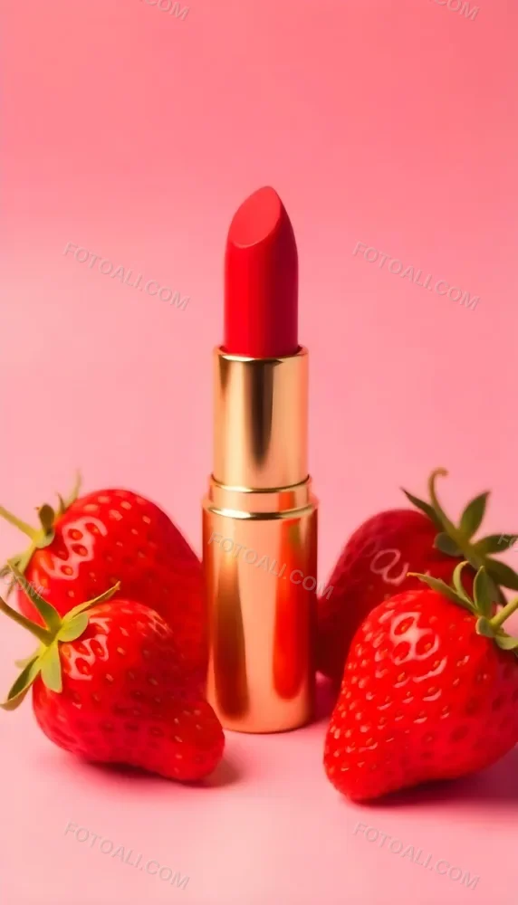 A Close Up Of A Red Lipstick With Fresh Strawberries In The Background On A Pink Background 6 9ef0