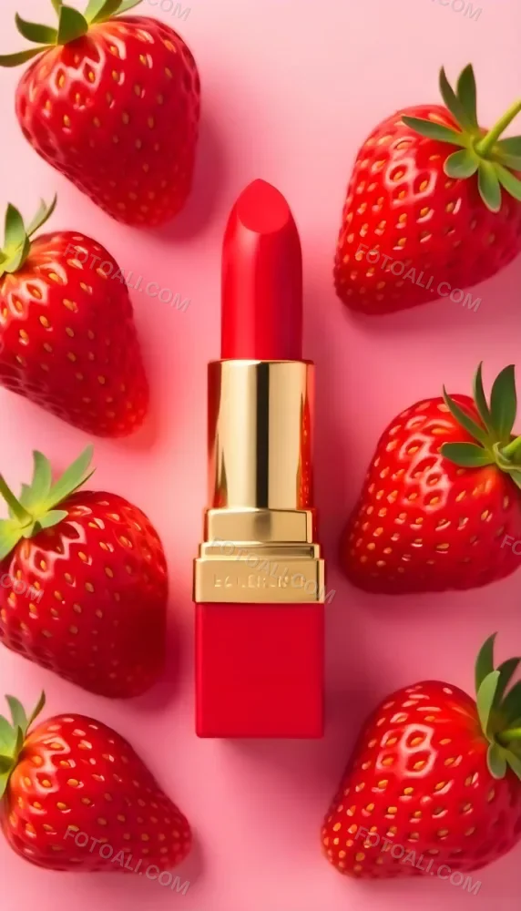 A Close Up Of A Red Lipstick With Fresh Strawberries In The Background On A Pink Background 7 D3a2