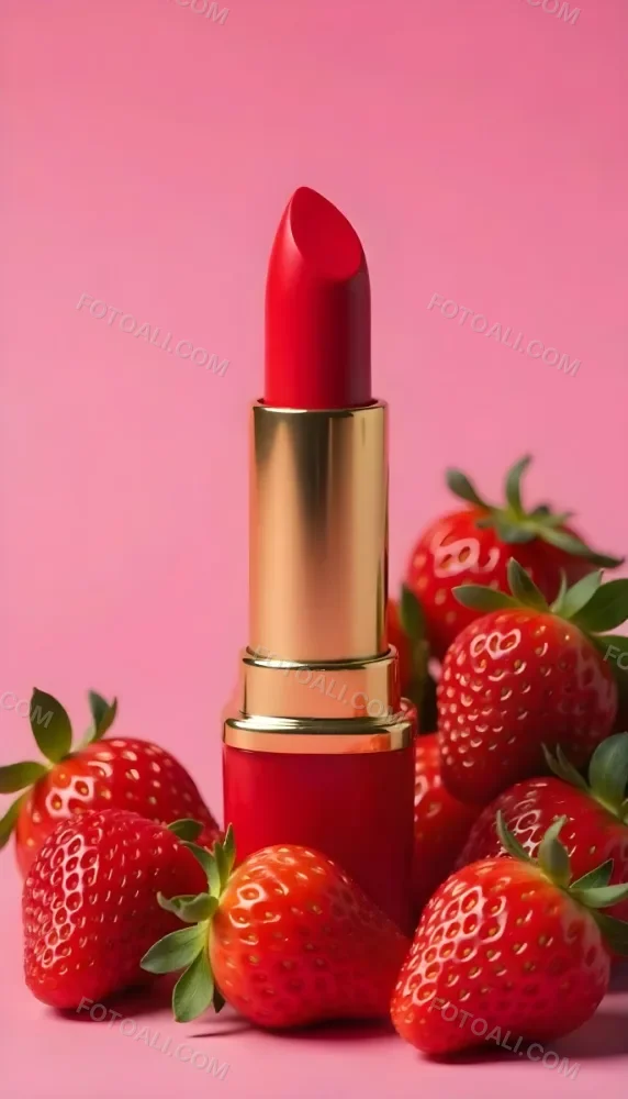 A Close Up Of A Red Lipstick With Fresh Strawberries In The Background On A Pink Background 8 F961