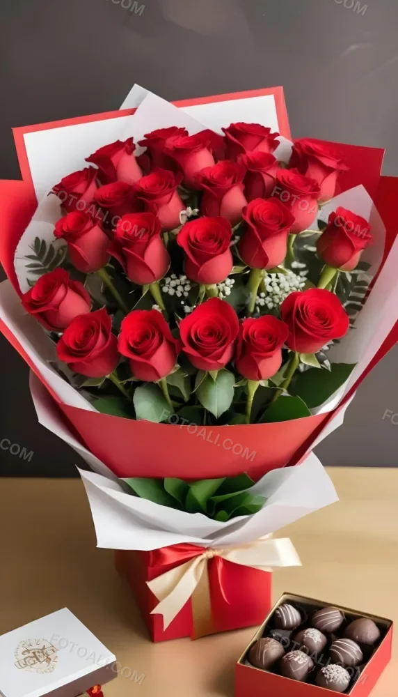 A Close Up Of A Red Rose Bouquet With Chocolate Truffles In A Red Box 1 434e