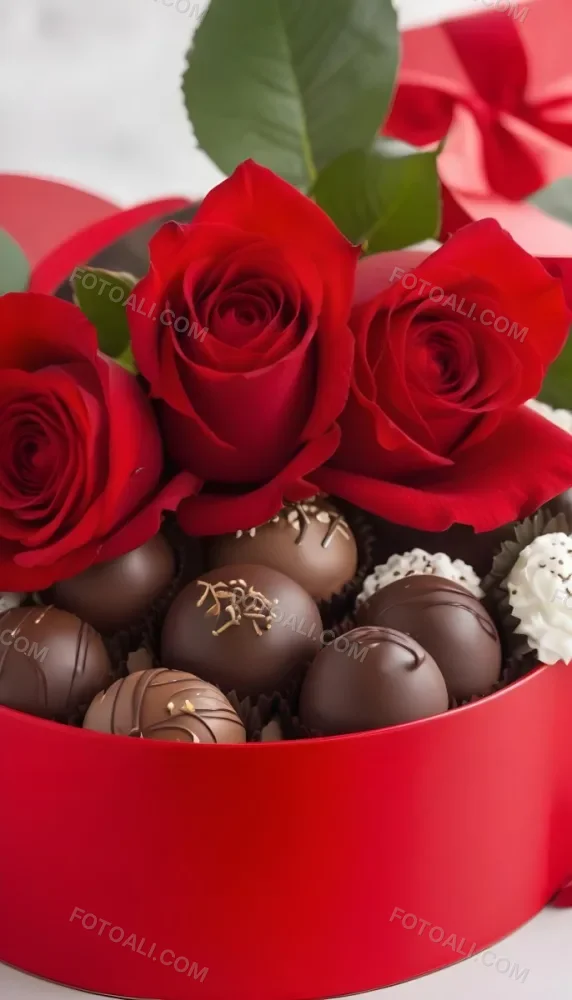 A Close Up Of A Red Rose Bouquet With Chocolate Truffles In A Red Box 13 Ef36