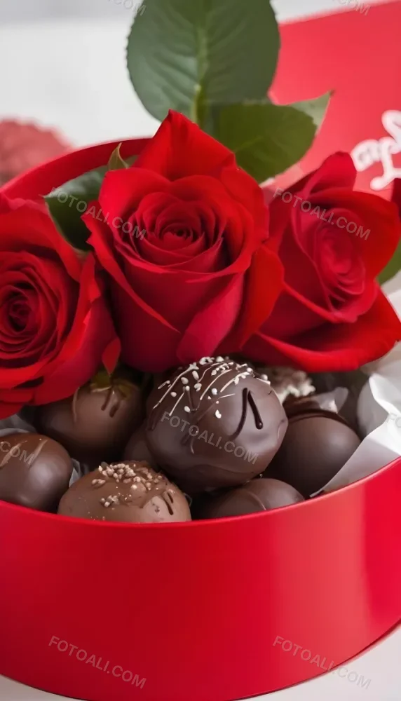 A Close Up Of A Red Rose Bouquet With Chocolate Truffles In A Red Box 17 D95c
