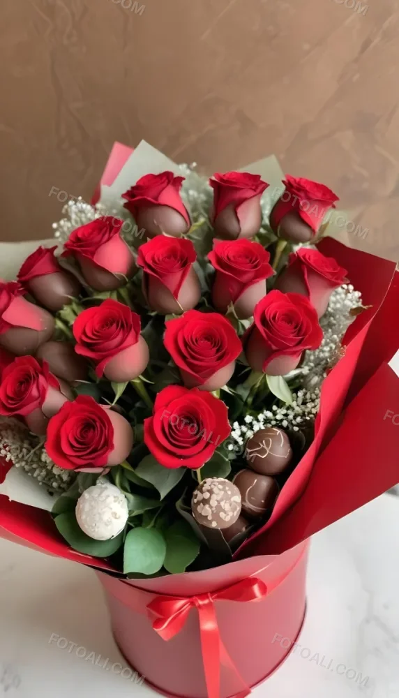 A Close Up Of A Red Rose Bouquet With Chocolate Truffles In A Red Box 2 1b8b